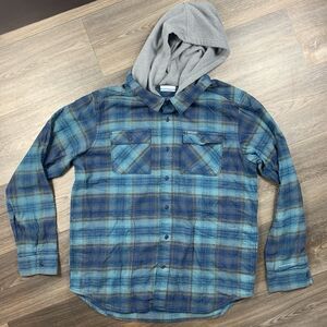 Columbia Flare Gun Stretch Flannel Hoodie Size L Blue Green Plaid Outdoors